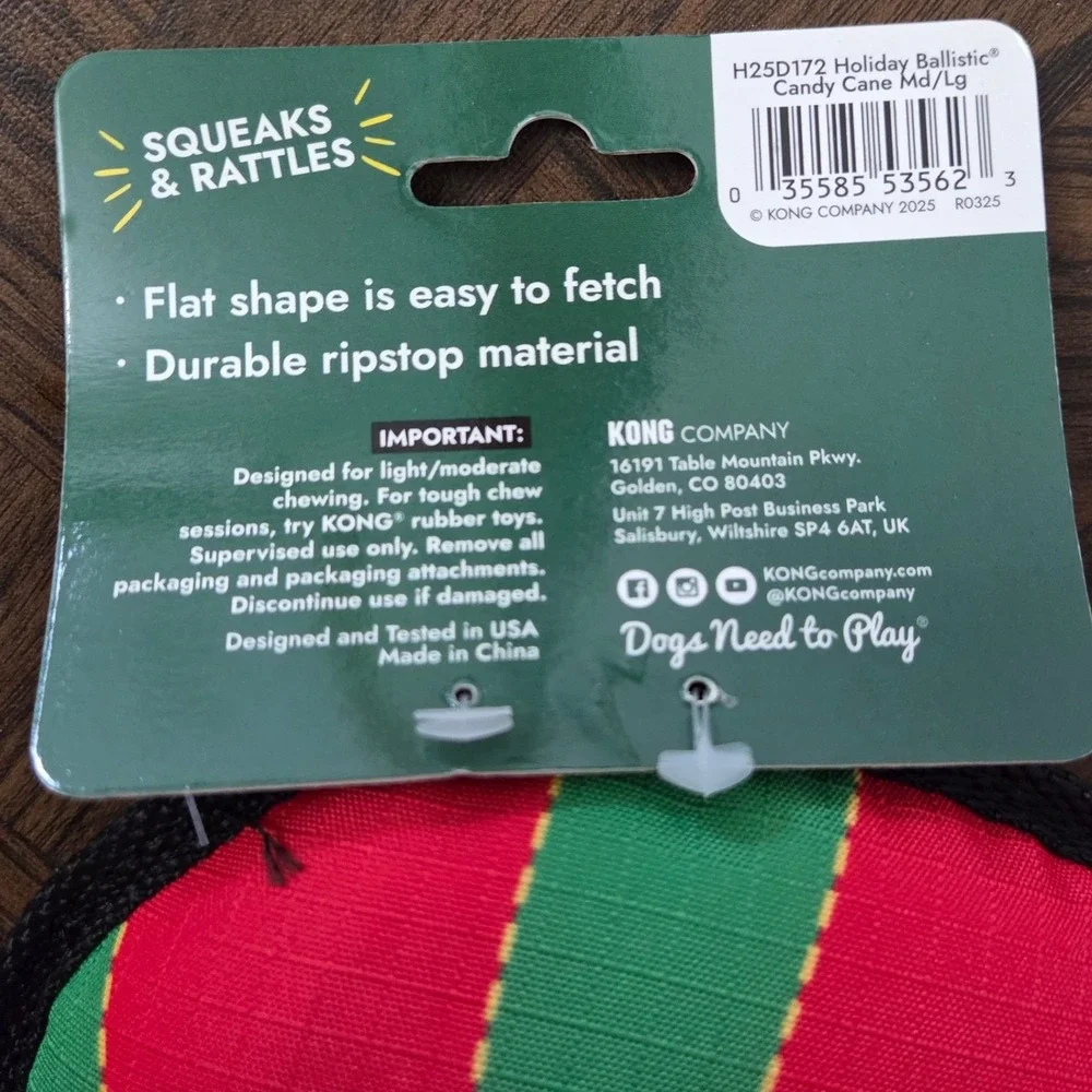 KONG Ballistic Candy Cane‎ Dog Toy Holiday Squeaky Durable Ripstop M/L NWT